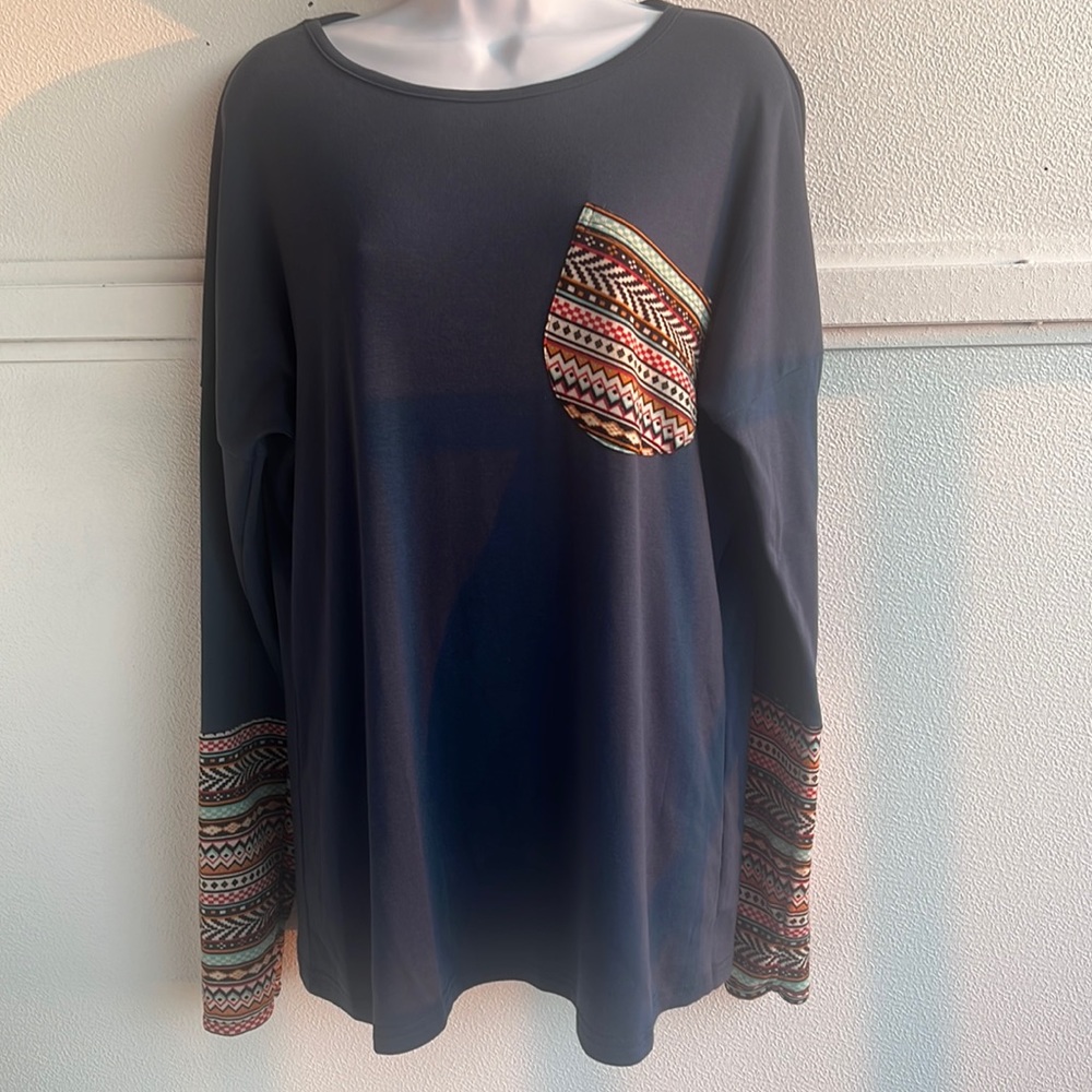POGTMM PatchWork Print Knit Long Sleeve Peacock Blue Top Womenβs Size Large